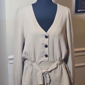 Cavalini Boho Beige Tie Waist Woven Shirt Lg Trendy Minimalist